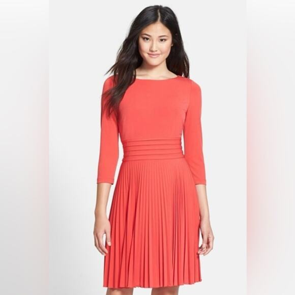 Eliza J Jersey Pleated Fit‎ Flare Dress Size 6 Coral Classic MIDI - Picture 1 of 7